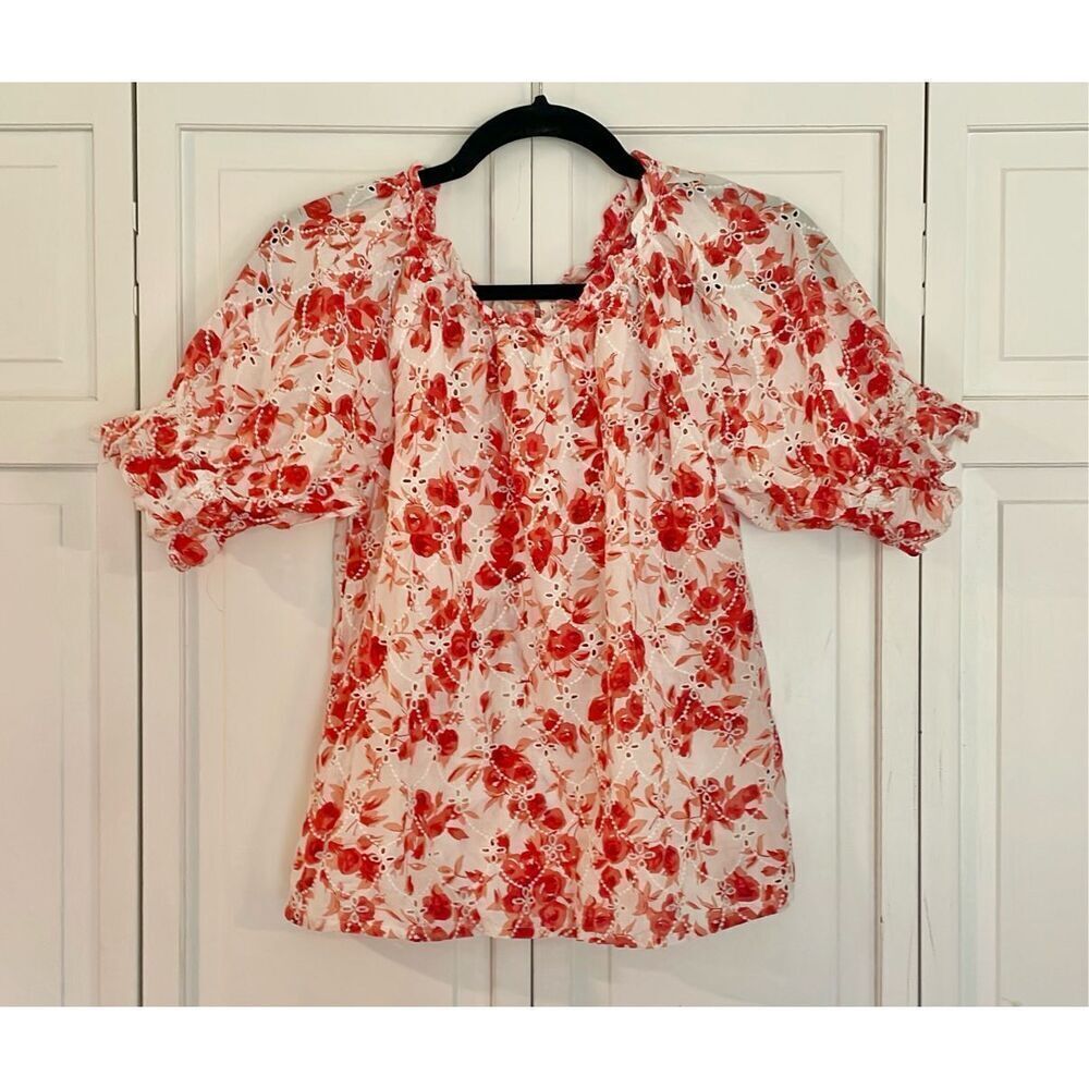 Jennifer & Grace orange floral eyelet puff sleeve top small - Picture 3 of 9